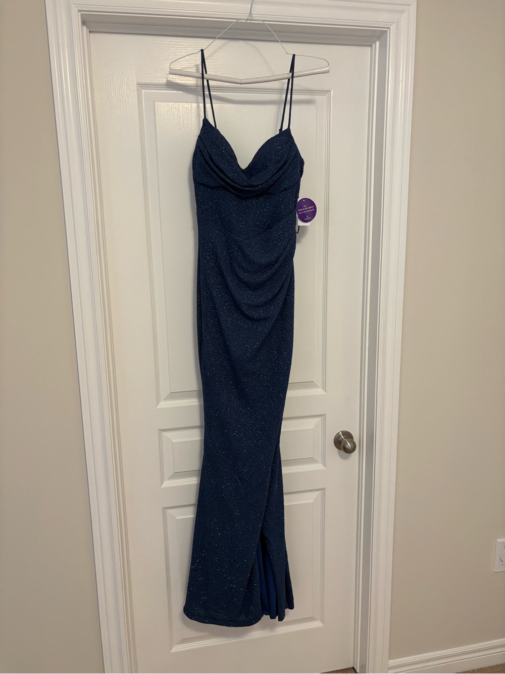 Windsor Navy Sparkle Cowl Neck Prom Dress